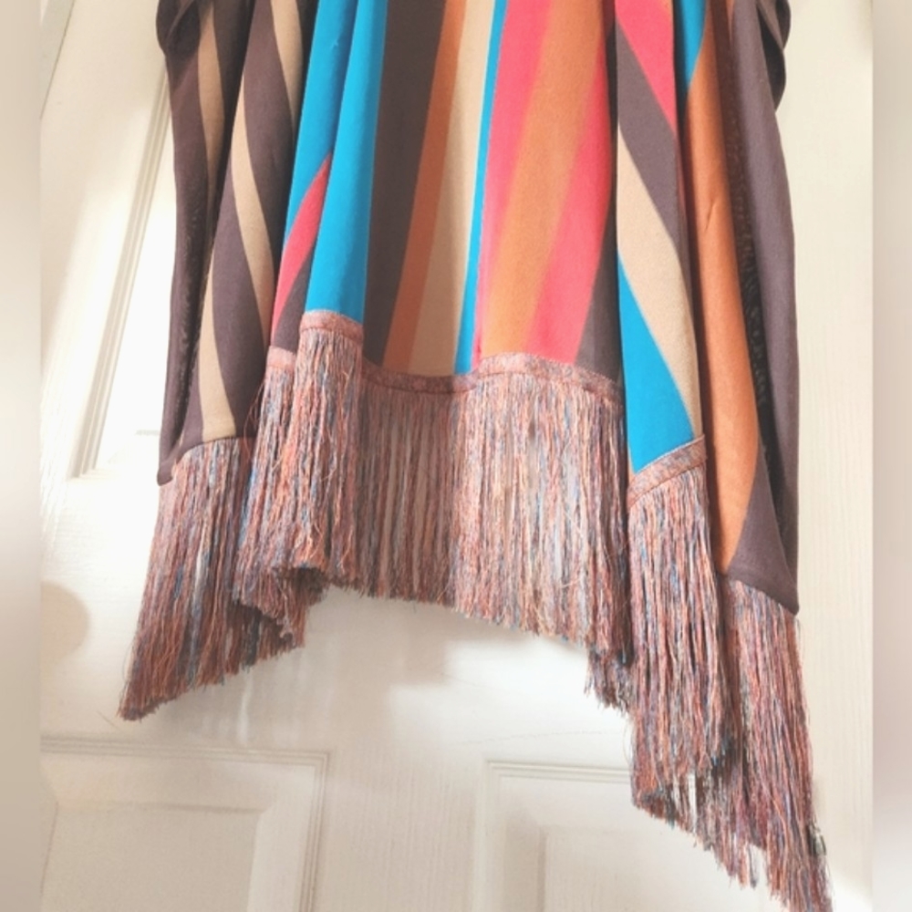 HAUTE HIPPIE Desert Stripes Western Turq Coral Midi Fringe Tunic Kimono Vest OS - Picture 5 of 16